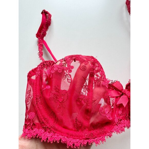 SIMONE PERELE Wish Ruby Red Sheer Embroidered Tulle Unlined Demi Bra, Size 30D - Picture 6 of 16